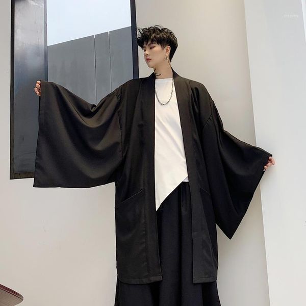 

men wide cuff bat long sleeve vintage japan style kimono cardigan coat male streetwear loose casual long trench jacket outerwear1, Tan;black