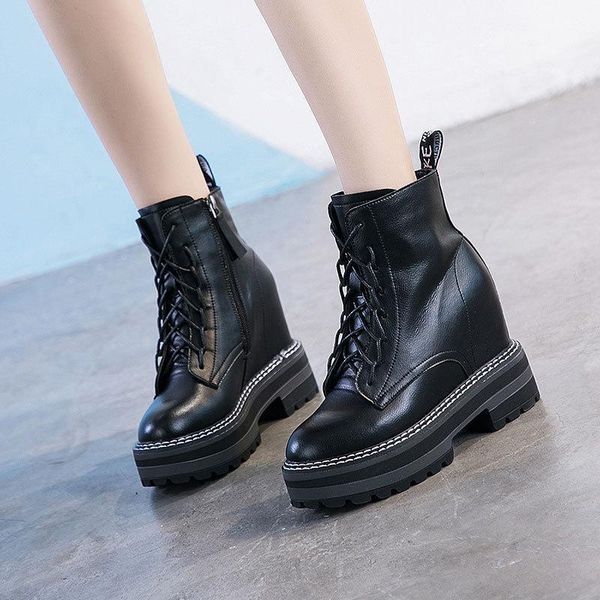

winter women zipper boots genuine leather ankle high shoes keep warm platform wedges b23-, Black