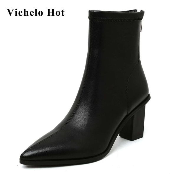 

vichelo winter recommend french romantic pointed toe high heels beauty lady streetwear fashion modern solid ankle boots l20, Black