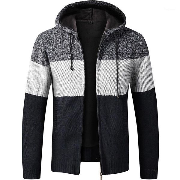 

sweater coat men 2020 winter thick warm hooded cardigan jumpers men striped wool liner zipper fleece coats1, White;black