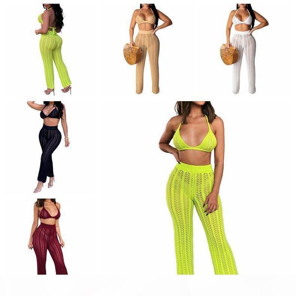 

2019 new crochet knitted beach cover ups women hollow out pants bikini swimsuit cover ups robe plage beachwear 2pcs set t200601, Black;gray