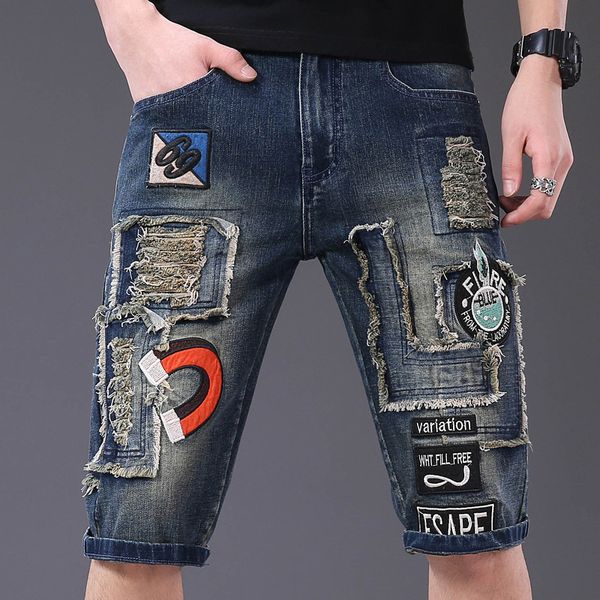 

2021 new ripped denim pants men's male fashion patch motorcycle trendy embroidered shorts slim-fit badge breeches for men 6lv4, Blue