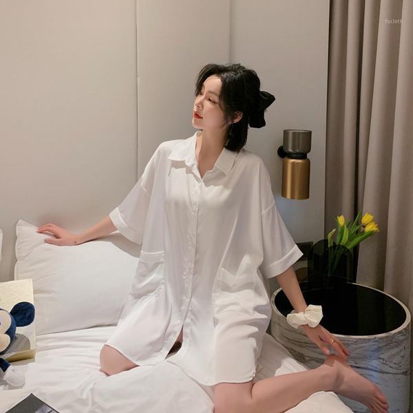 

summer white print flower faux silk sleepshirt nightdress nightgown pocket notched women loose new home sleep dress1, Black;red