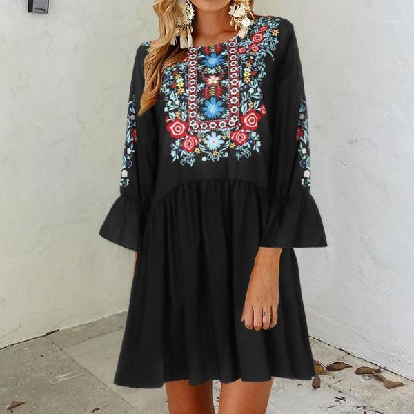 

women mini dress celmia 2020 summer beach party dresses o-neck casual loose flare sleeve vintage floral print pleated robe s-5xl1, Black;gray