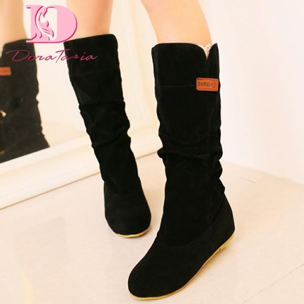 

boots doratasia fashion female height increasing mid calf round toe med heels women pleated casual shoes woman, Black