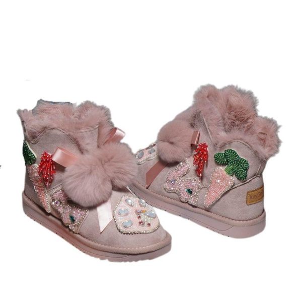 

bling sweet furry balls women's snow boots 2020 luxury rhinestones ladies warm thicken plush winter shoes outdoor botas mujer, Black