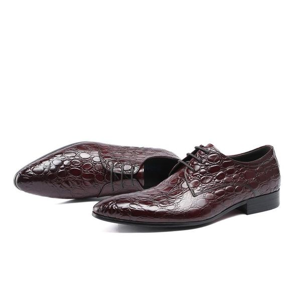 

men shoes lace-up crocodile pattern leather shoes business dress pointed toe leather oxfords genuine, Black