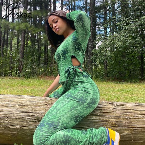 

joskaa women one shoulder line up print green hollow out o neck autumn winter casual fashion two pieces set 20201, Gray