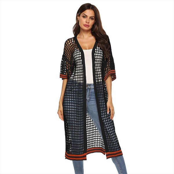 

women half sleeve patchwork open cape casual coat blouse kimono jacket cardigan knitted mesh cardigan cutout high quality, White;black