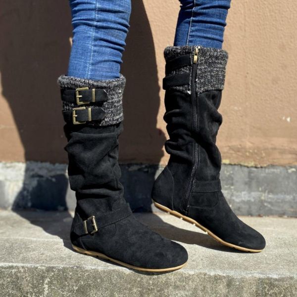 

boots 2021 mid-calf women winter calf buckle strap casual boot fashion female low heel shoes rome style warm, Black