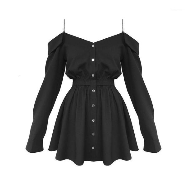 

chain shoulder sling dress women long sleeve high waist button black mini dresses1, Black;gray