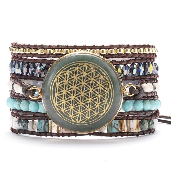 

life flower green natural stones wrap friendship bracelets women statement lucky bangles y200918, Black