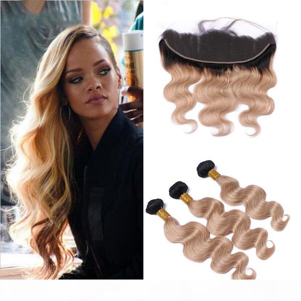 

beauty products blonde ombre hair with lace frontal two tone 1b 27 dark root ombre body wave virgin hair bundles with full frontals, Black