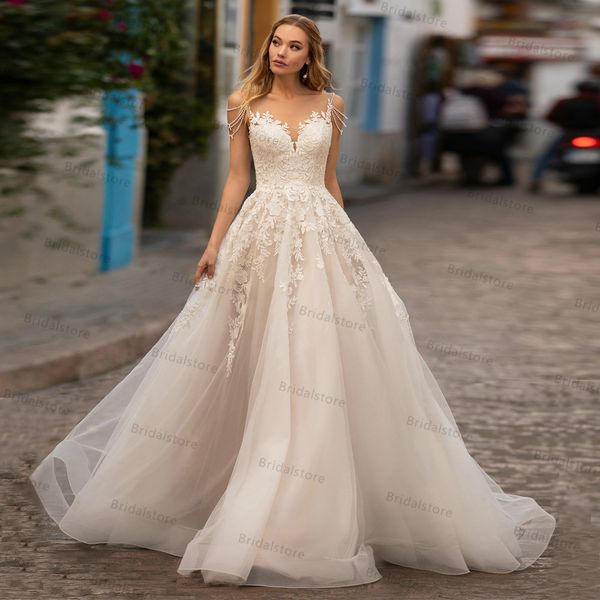 

chic country boho wedding dresses 2021 beaded straps a line appliques lace bohemian wedding dress plus size vestido de noiva bridal gown, White