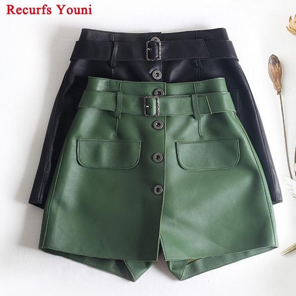 

lady genuine leather trousers women korean elastic waist green loose shorts skirt femme vintage button belt culottes hakama1, White;black