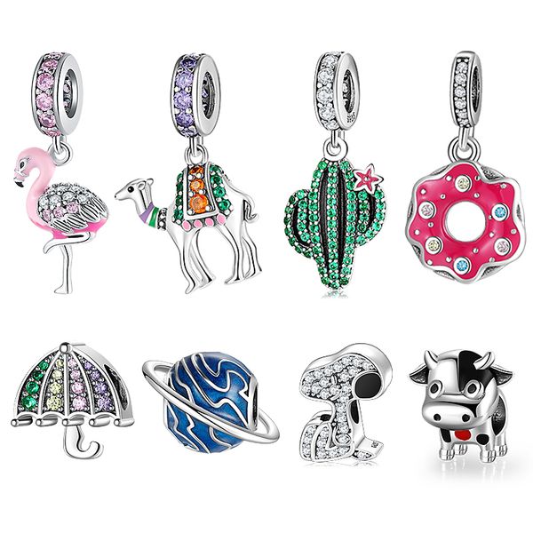 

925 sterling silver pink sparkling cz flamingo charms bead for jewelry making pendants fit original charm european bracelets q1219, Bronze;silver