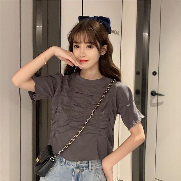 

women's blouses & shirts women summer shirt short sleeve pleated solid color casual sweet lady, White
