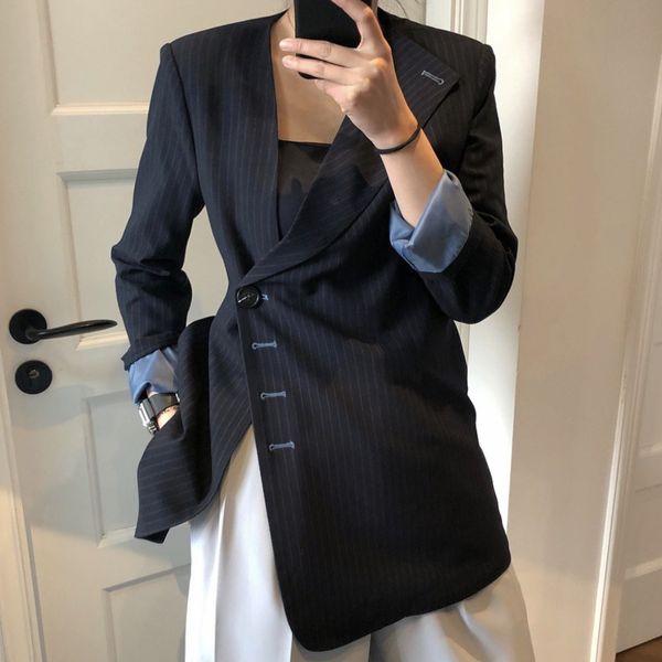 

ewq] 2020 spring new trendy suits outwear asymmetric slant black women blazer korea high-quality stripes loose ladies coat c1008, White;black