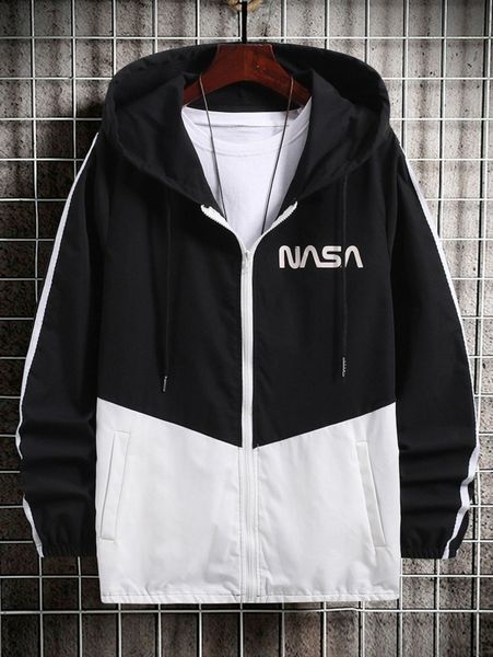 

men letter graphic zip up two tone drawstring hooded jacket without tee n5ll#, Black;brown