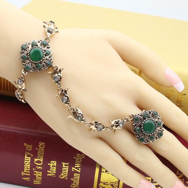 

new turkish ring&bracelet jewelry sets for women antique gold color resin bracelet adjustable size ring ethnic hand back chain, Silver