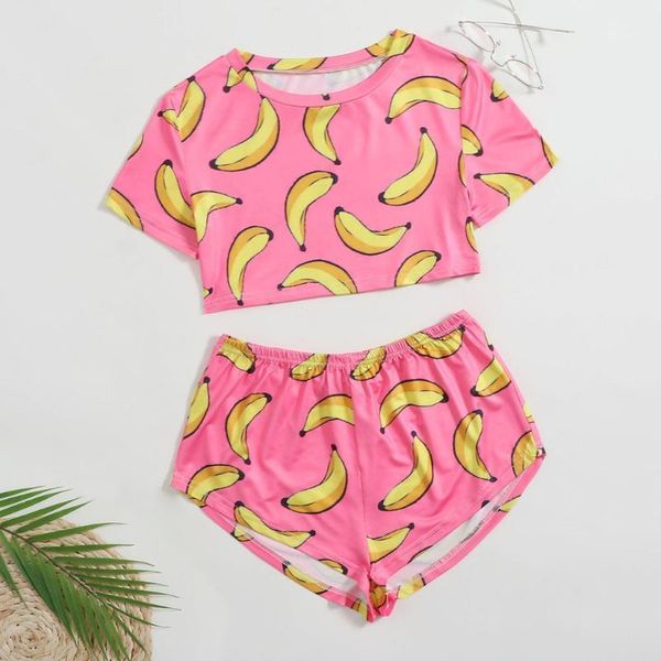 

gym clothing 2021 summer women's suit fruit flower printed two piece set ladies casual sports short sleeve and shorts set1, White;black