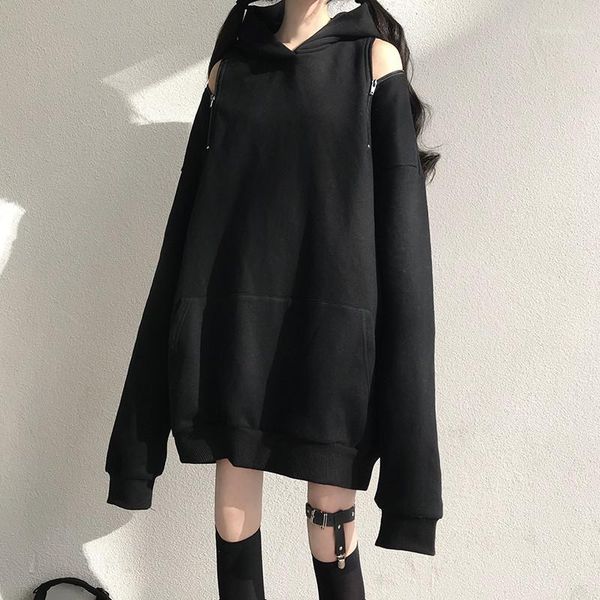

hoody punk dark black hooded hoodie women loose korean version 2020 new black harajuku off-shoulder sweatshirt women sudaderas1