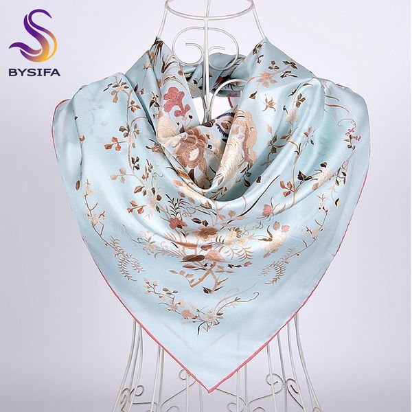 

bysifa] new blue silk scarf shawl grade white crane design twill large square scarves fall winter neck scarf hijab 90cm y201007, Blue;gray