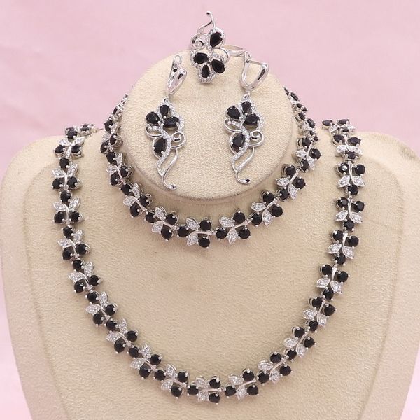

classic 925 silver sets for women black zircon earrings bracelet pendant necklace ring bridal jewelry