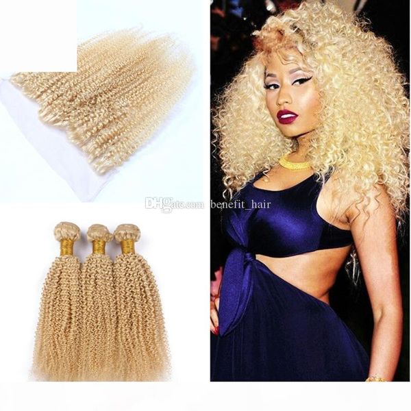 

afro kinky curly blonde 613 human hair weaves with lace frontal 13x4 613 kinky curly lace frontal with blonde hair extension 4pcs lot, Black