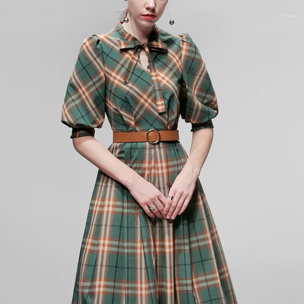 

elegant plaid dress autumn women half sleeve office lady casual a line slim dress women with belt vintage sl5741, Black;gray