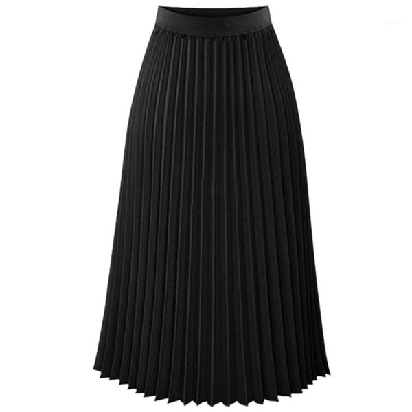 

fashion new lady women summer long chiffon skirt elastic waist double layer midi pleated skirts1, Black