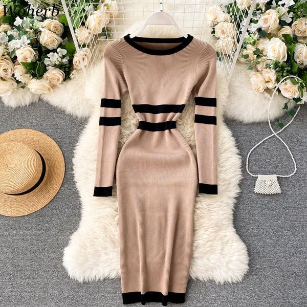 

woherb elegant women stretched knitted long sleeve dress o-neck female striped thin sweater dress midi vestidos 2021 fashion new, Black;gray