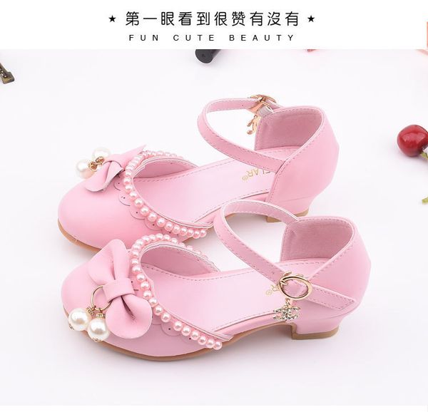 

2020 new children's kids girls leather princess pearl breathable soft chain beading high heels bow little girl shoes, Black;red