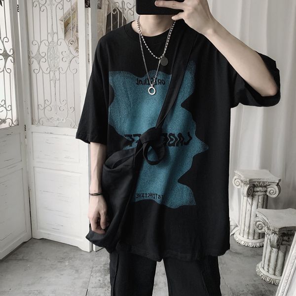 

high street dark mourning ins tee loose geometry printing lovers short sleeve fashion men handsome t-shirt, White;black