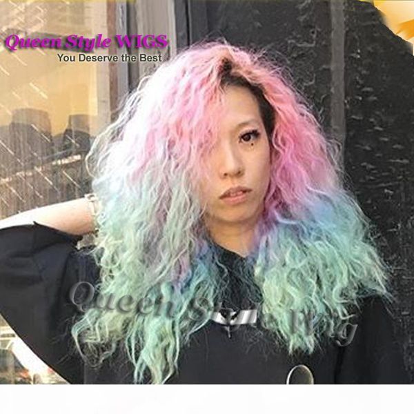 

hot sexy длинного kinky завитых african завитых волны волосы парики розовых синий ombre цвет пастель радуга волосы термостойкого фронт круже, Black