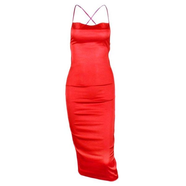 

casual dresses 2021 women halter bodycon satin midi dress cross bandage backless party clubwear, Black;gray