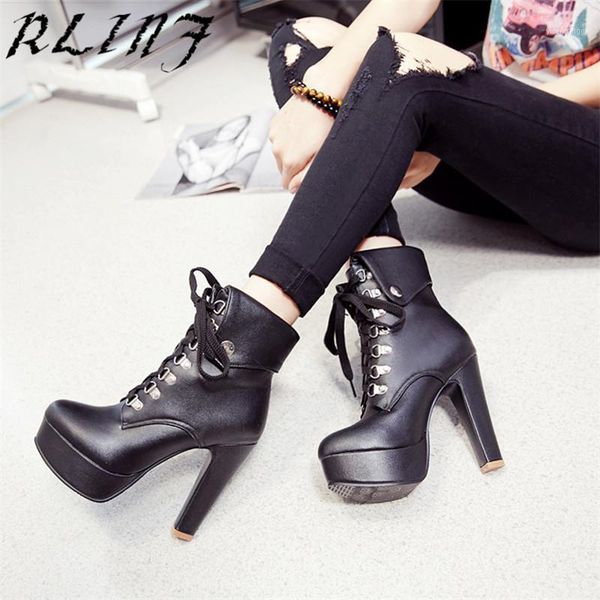 

rlinf ankle boots for women high heels short boot lace-up thick heel boots1, Black