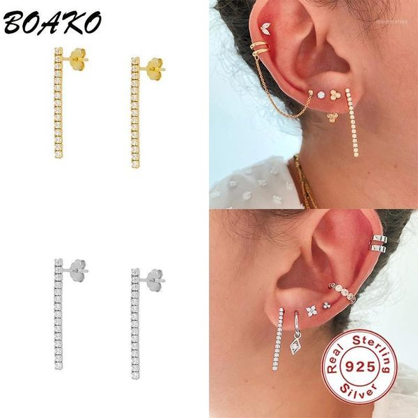 

boako 925 sterling silver clear zircon line tassel stud earrings piercing pendiente earring rock punk wedding jewelry for women1, Golden;silver
