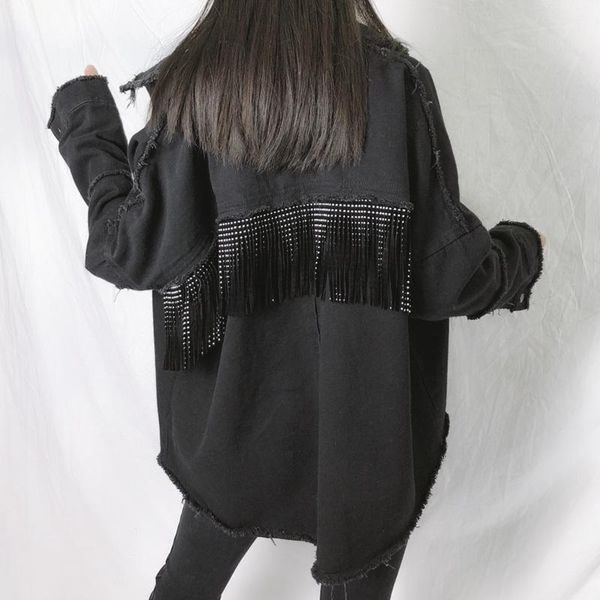 

2020 spring autumn streetwear denim jacket women tassel rivet long jeans jackets casual loose black coats female chaquetas mujer, Black;brown