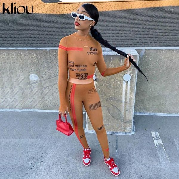 

kliou letter print mesh see through two piece sets women 2020 turtleneck bodysuit and pants bodycon streetwear outfits1, Gray