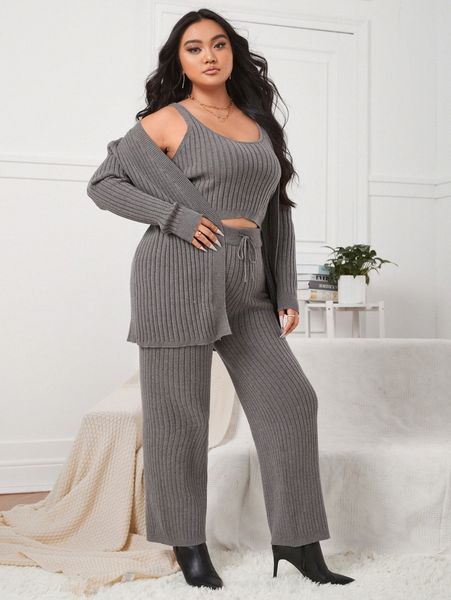 

plus open front cardigan & knit & drawstring waist knit pants x8fe#, Black