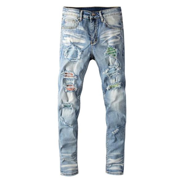 

men's jeans male trousers high street fashion casual brand light-colored ripped patch young stretch slim denim pants, Blue
