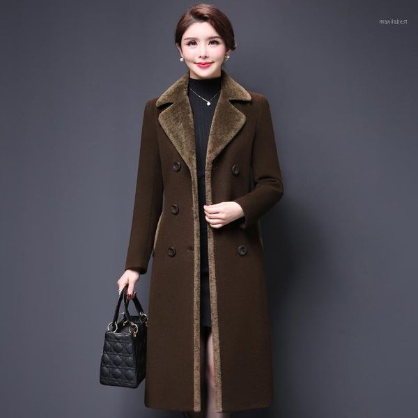 

2020 new winter woolen coat fashion turn down collar double breasted medium long thicken wool coat elegant office lady outerwear1, Black