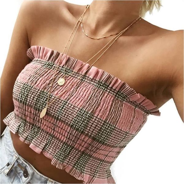 

2021 women elastic tank tube bandage bra plaid strapless off shoulder bandeau ladies crop fashion plaid young girl, White