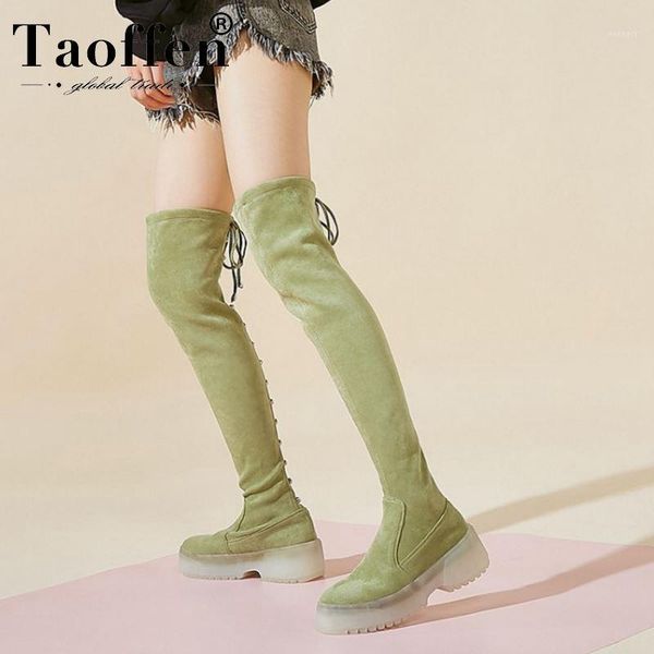 

taoffen women winter over knee boots thick sole platform rivet comfortable stretch boots footwear botas size 34-391, Black
