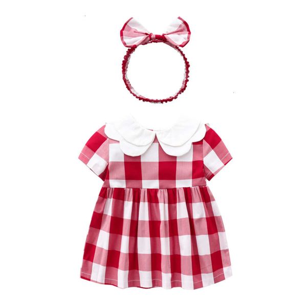 

wear 2021 children's summer new girl pink plaid cotton double white lapel short sve drs + band, Blue