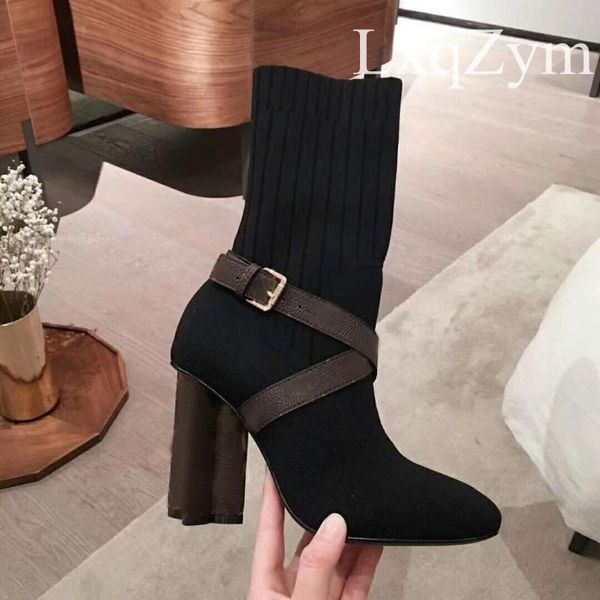 

runway style knee high boots thin high strange heel elastic socks long botas women round toe knitted shoes belt buckle booties, Black