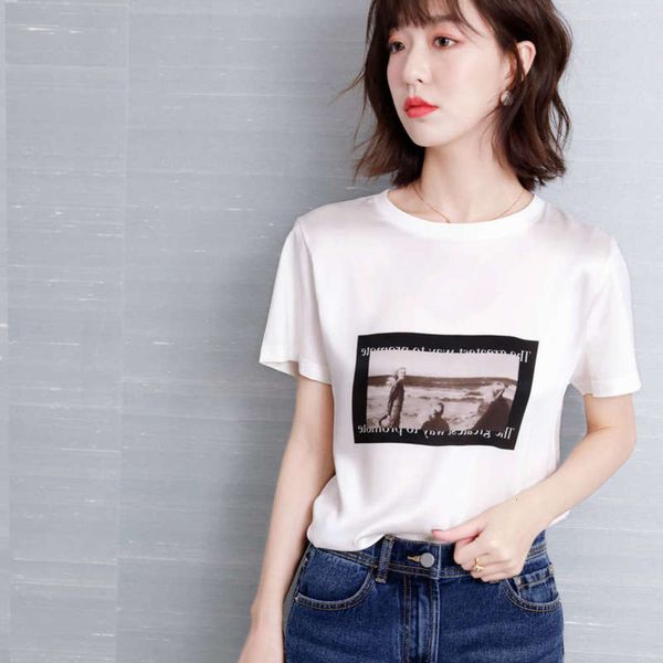 

summer new style silk like 2020 stitching printing loose and thin t-shirt for women, Black;gray