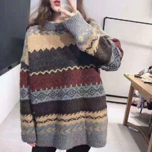 

women's sweaters 2021 women elegant sweater pullovers o-neck retro vintage knitwear autumn long sleeve loose winter, White;black