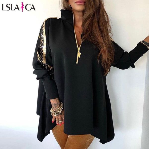 

women jackets fashion sequins patchwork stand collar long sleeve zipper loose casual ladies coats pullovers solid color autumn1, Black;brown